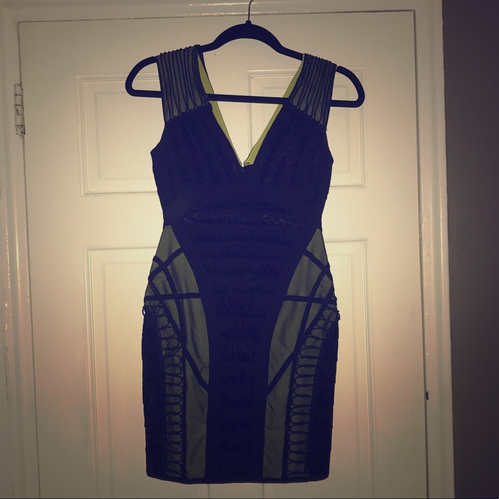 Herve Leger: Black/Lime Green Cocktail Dress